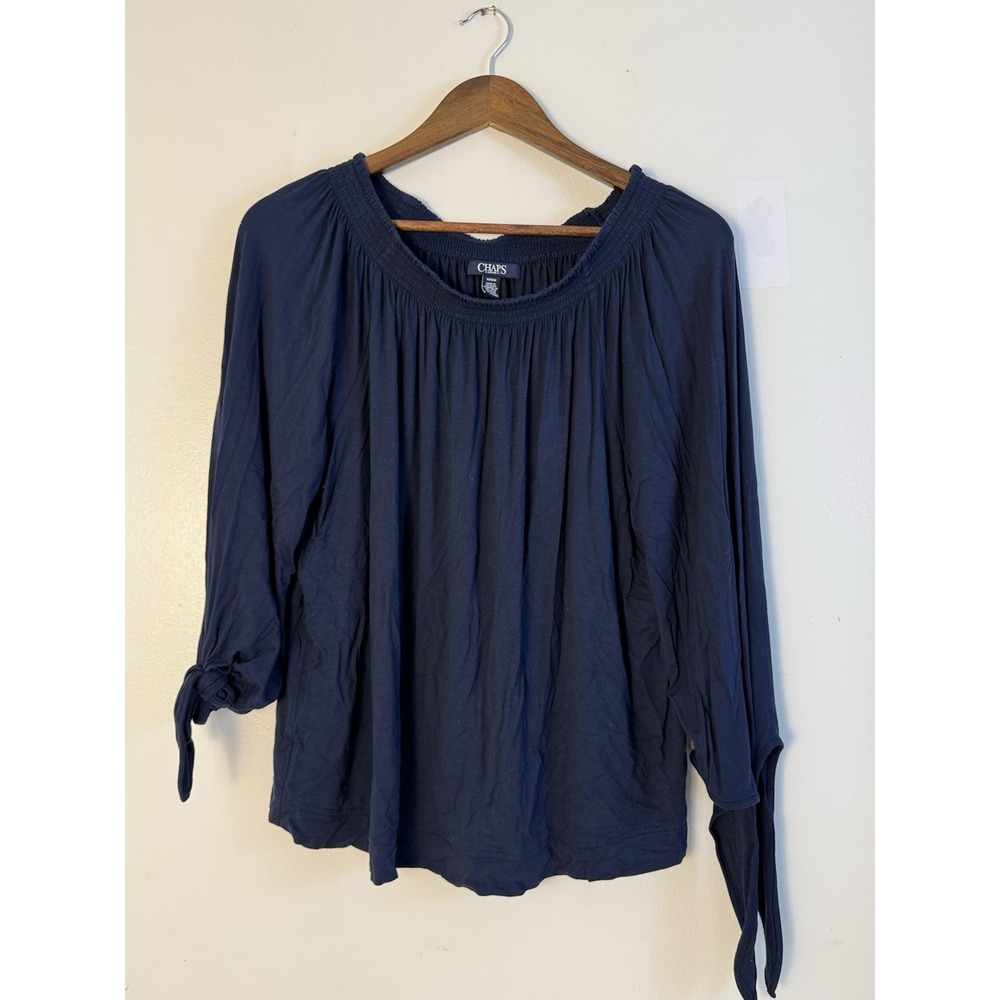 Chaps Denim Navy Peasant Top Off Shoulder Tie Sleeve Long Sleeve Blouse M